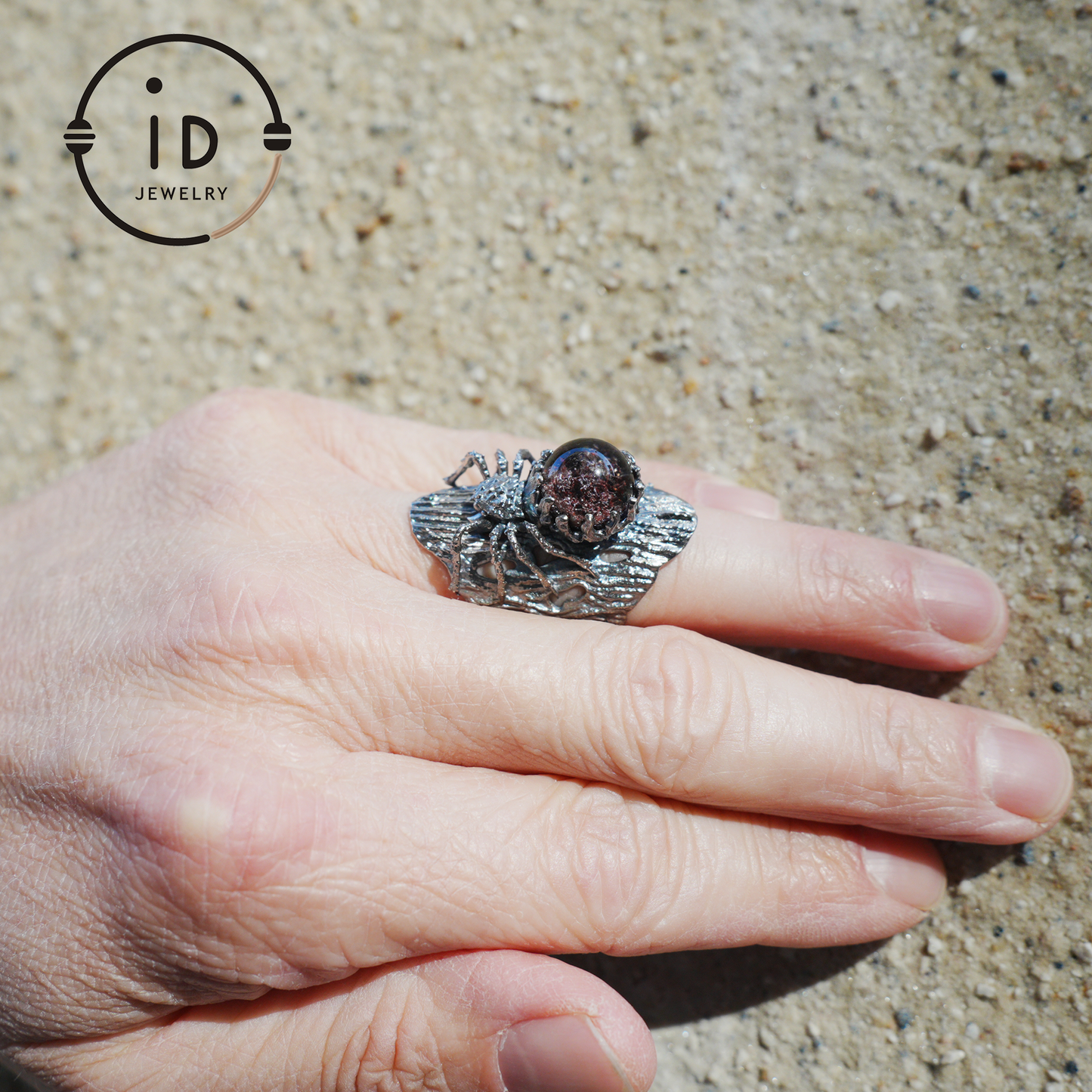 Phantom Quartz Spider Ring in 925 Silver, Adjustable Gothic Totem Statement Jewelry, Natural Stone Gift for Men and Women