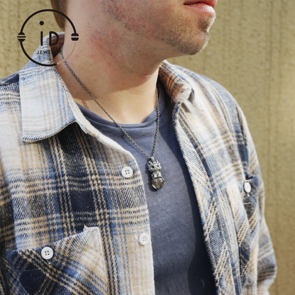 Totem Pendant with Phantom Quartz and Black Agate in 925 Silver, Handmade Fantasy Animal Jewelry in Gothic Vintage Style, Gift for Her