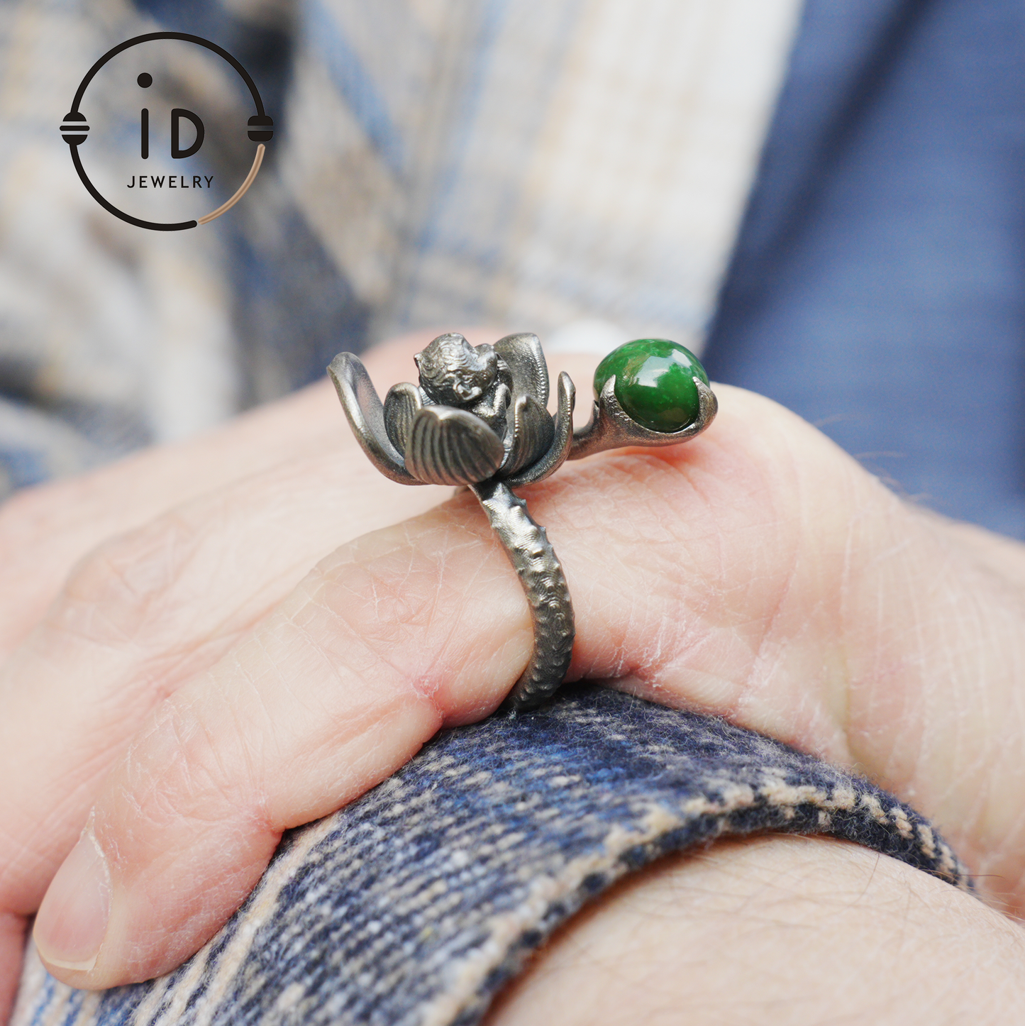 Adjustable silver ring with green jade cabochon, 925 sterling silver, gothic totem style, statement jewelry, gift for her