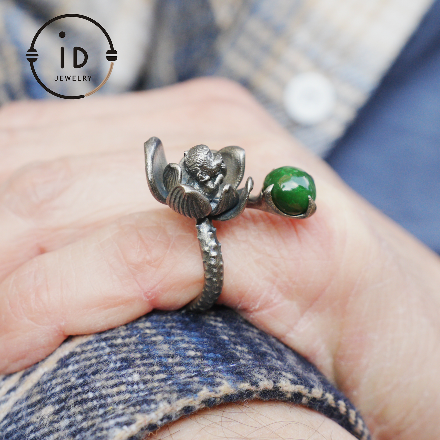 Adjustable silver ring with green jade cabochon, 925 sterling silver, gothic totem style, statement jewelry, gift for her