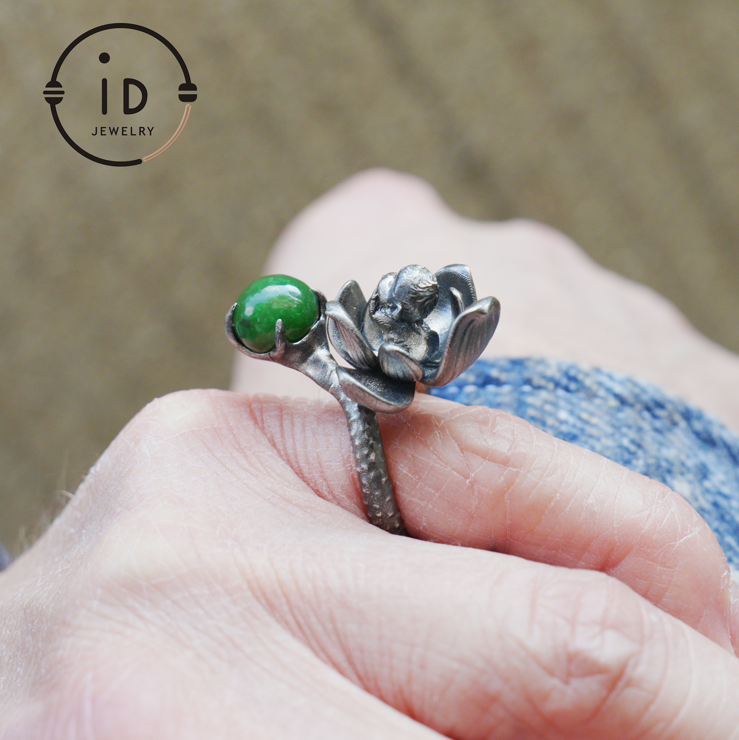 Adjustable silver ring with green jade cabochon, 925 sterling silver, gothic totem style, statement jewelry, gift for her