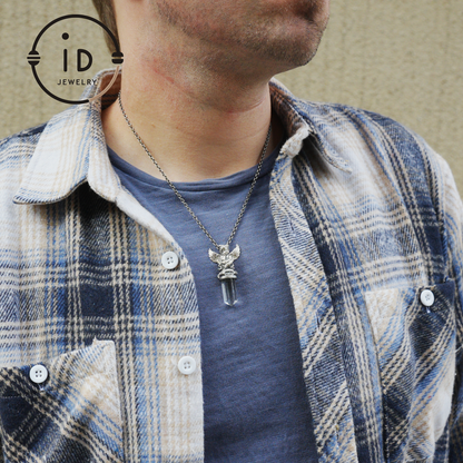 Gothic pendant with clear quartz crystal in 925 sterling silver, winged seated figure in vintage style, spiritual necklace gift for women