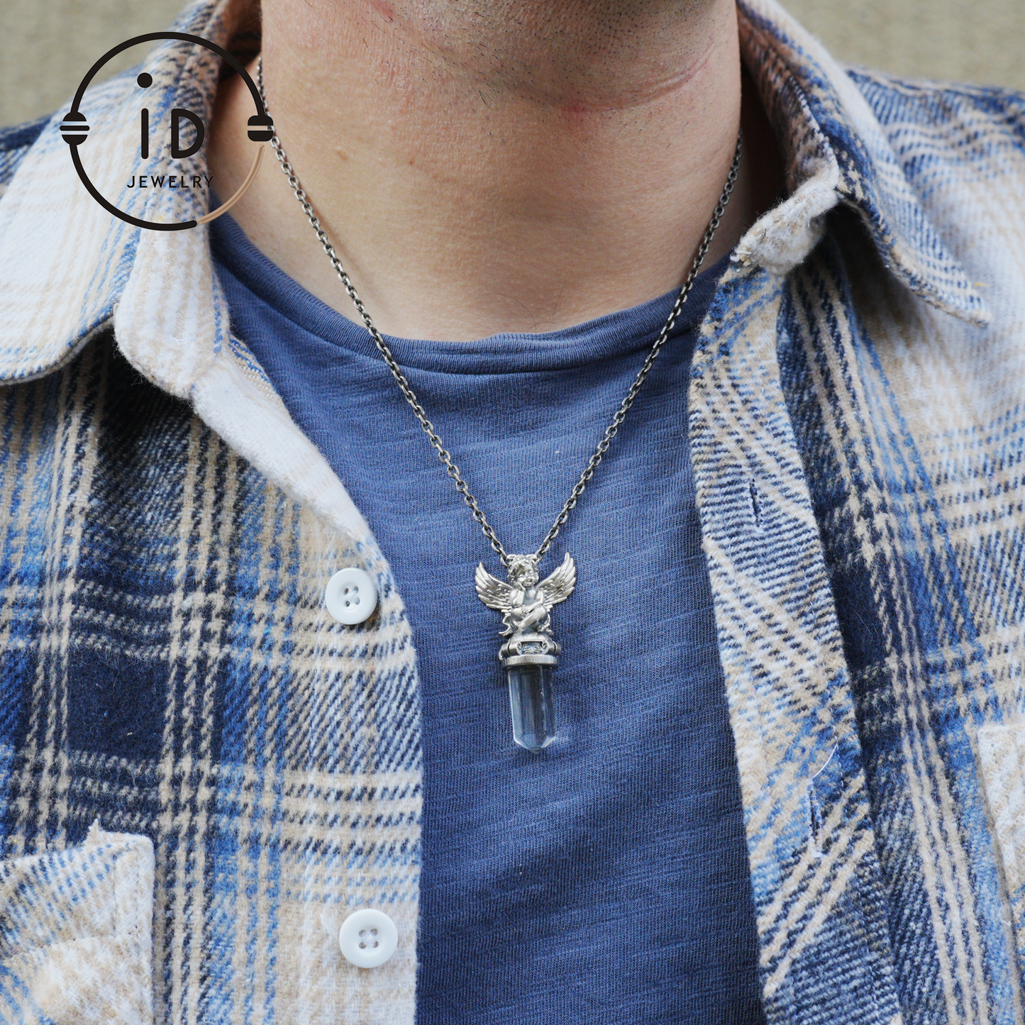 Gothic pendant with clear quartz crystal in 925 sterling silver, winged seated figure in vintage style, spiritual necklace gift for women