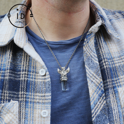 Gothic pendant with clear quartz crystal in 925 sterling silver, winged seated figure in vintage style, spiritual necklace gift for women