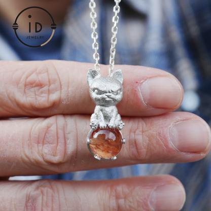 Silver Dog Pendant with Red Hematoid Quartz, 925 Sterling Silver Necklace, Fairytale Animal Jewelry, Gift for Her Birthday