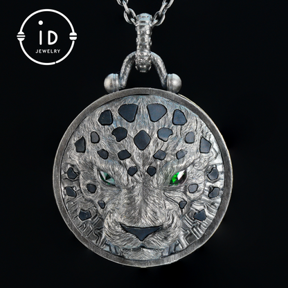 Sterling Silver Leopard Head Pendant with Black Jade, Green Zircon Eyes and Lapis Lazuli, Gothic Totem Necklace Gift for Men