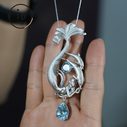 Dreamy Ocean Mermaid Pendant - 925 Silver with Aquamarine | Handcrafted Fantasy Jewelry