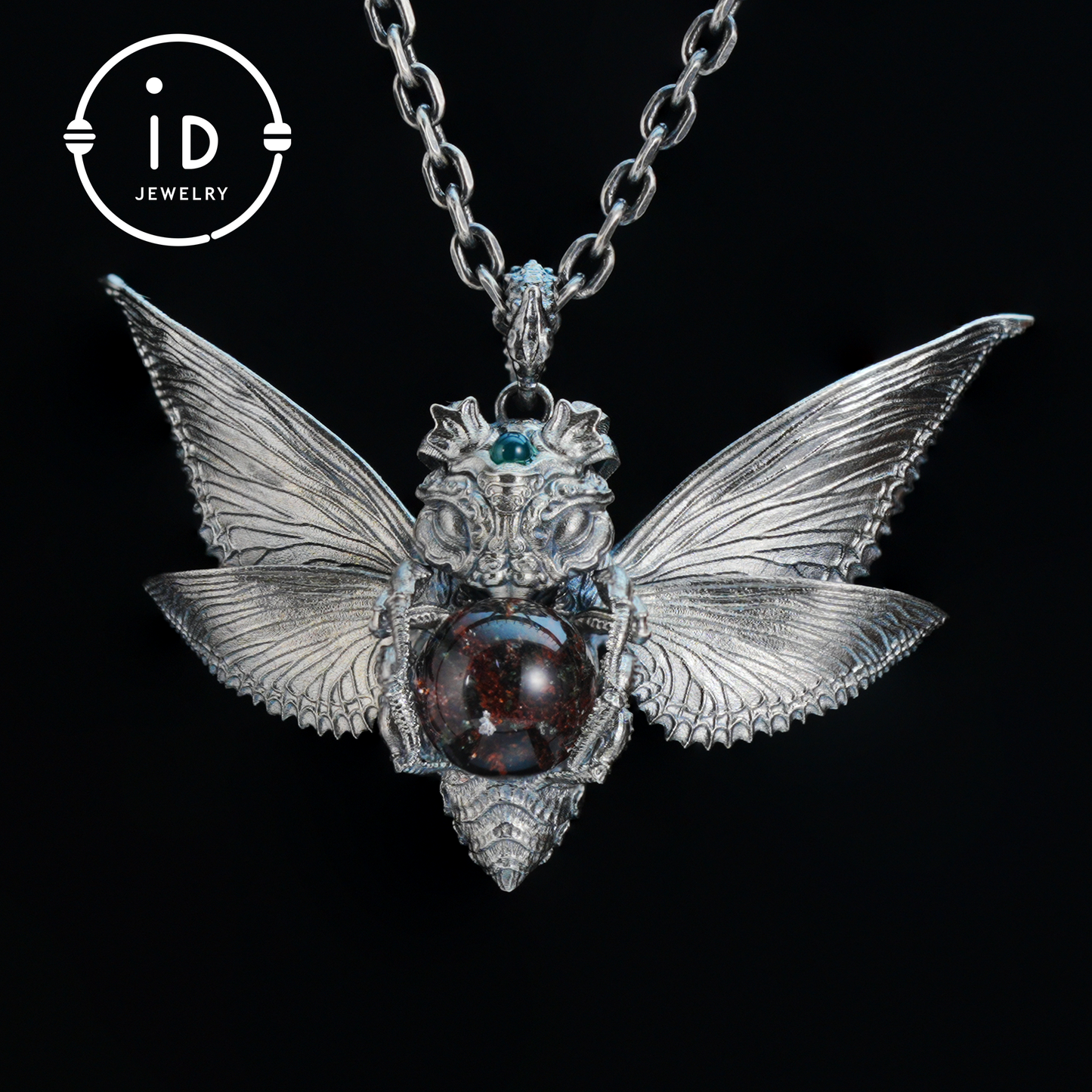 Silver Moth Pendant with Phantom Quartz, Green Zirconia and Natural Stone, Handcrafted Gothic Fantasy Jewelry Gift for Women