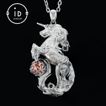 Hand-carved Fantasy Unicorn Necklace｜Wave-motif Unicorn Necklace｜Unicorn Motif Pendant｜Vintage-craft Handmade Gift