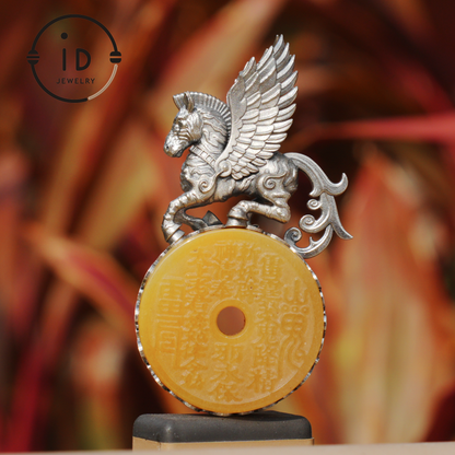 925 Silver Winged Horse Pendant with Yellow Jade and Chinese Calligraphy, Unique Chinese Design, Symbol of Freedom, Perfect Gift for Her