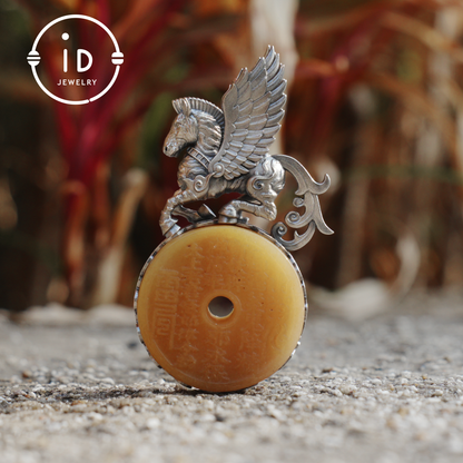 925 Silver Winged Horse Pendant with Yellow Jade and Chinese Calligraphy, Unique Chinese Design, Symbol of Freedom, Perfect Gift for Her