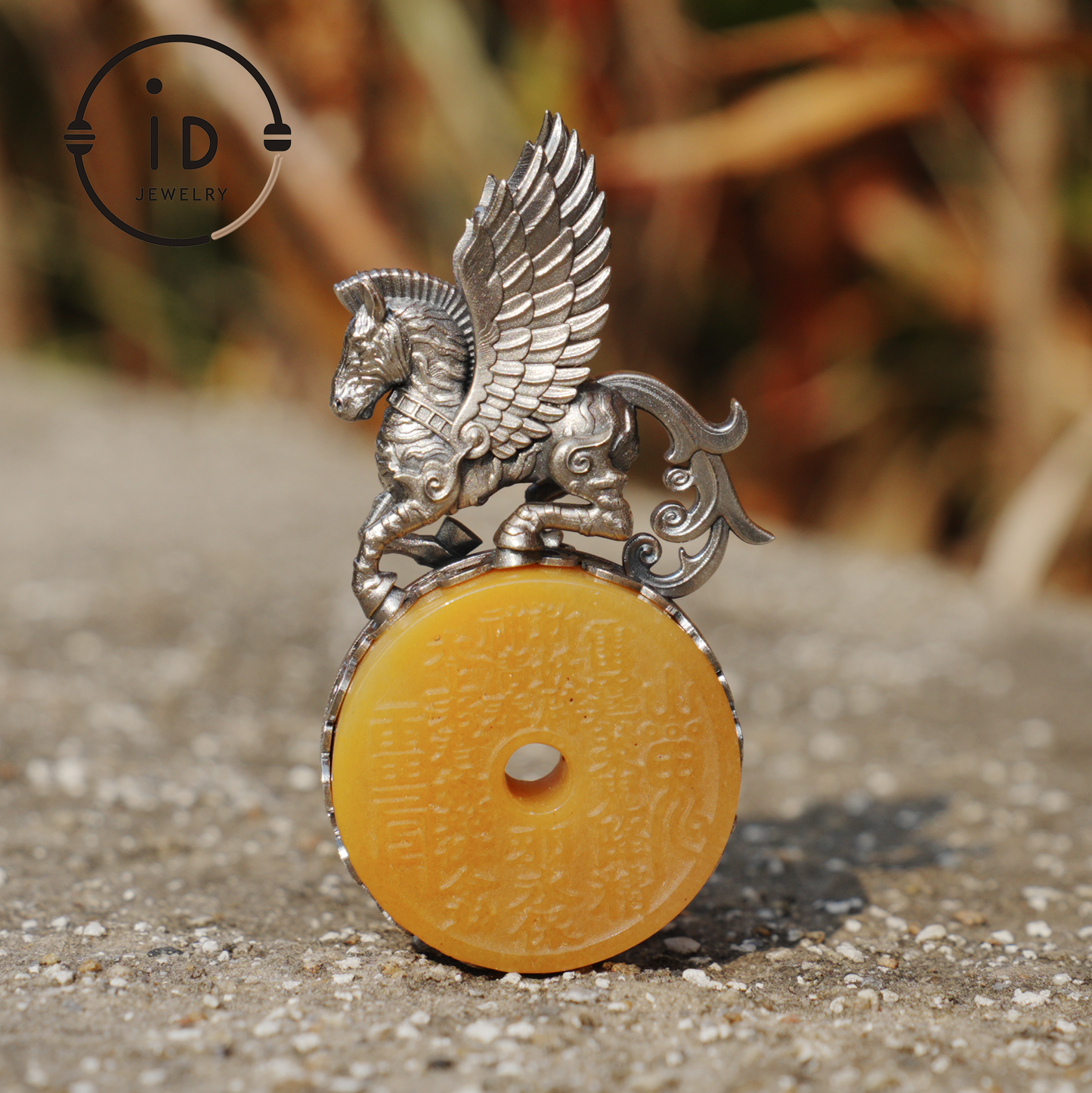 925 Silver Winged Horse Pendant with Yellow Jade and Chinese Calligraphy, Unique Chinese Design, Symbol of Freedom, Perfect Gift for Her