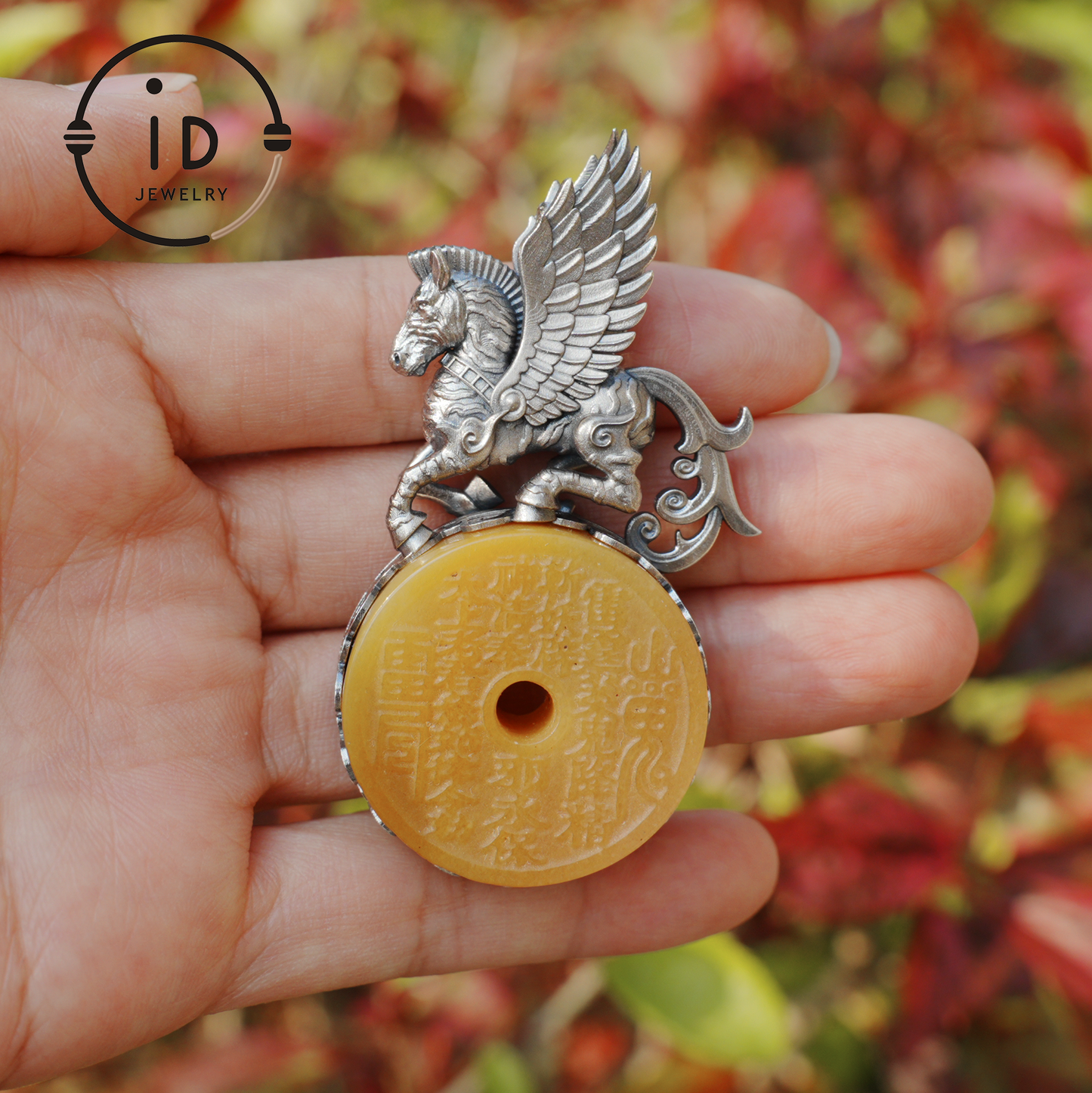 925 Silver Winged Horse Pendant with Yellow Jade and Chinese Calligraphy, Unique Chinese Design, Symbol of Freedom, Perfect Gift for Her