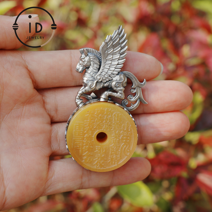925 Silver Winged Horse Pendant with Yellow Jade and Chinese Calligraphy, Unique Chinese Design, Symbol of Freedom, Perfect Gift for Her