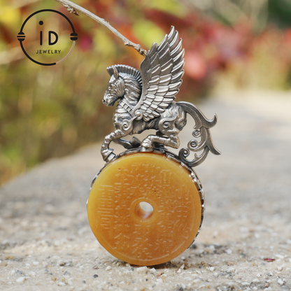 925 Silver Winged Horse Pendant with Yellow Jade and Chinese Calligraphy, Unique Chinese Design, Symbol of Freedom, Perfect Gift for Her