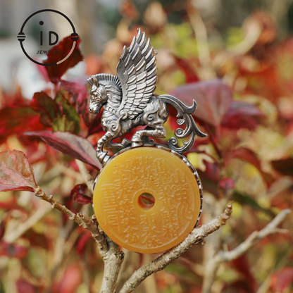 925 Silver Winged Horse Pendant with Yellow Jade and Chinese Calligraphy, Unique Chinese Design, Symbol of Freedom, Perfect Gift for Her