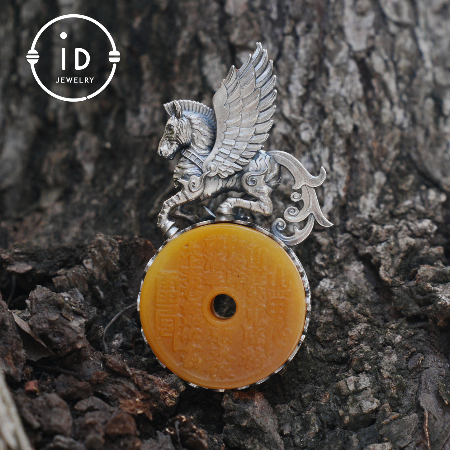 925 Silver Winged Horse Pendant with Yellow Jade and Chinese Calligraphy, Unique Chinese Design, Symbol of Freedom, Perfect Gift for Her