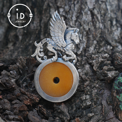 925 Silver Winged Horse Pendant with Yellow Jade and Chinese Calligraphy, Unique Chinese Design, Symbol of Freedom, Perfect Gift for Her