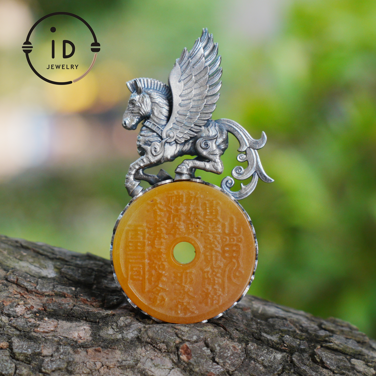 925 Silver Winged Horse Pendant with Yellow Jade and Chinese Calligraphy, Unique Chinese Design, Symbol of Freedom, Perfect Gift for Her