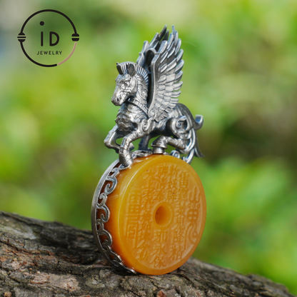 925 Silver Winged Horse Pendant with Yellow Jade and Chinese Calligraphy, Unique Chinese Design, Symbol of Freedom, Perfect Gift for Her