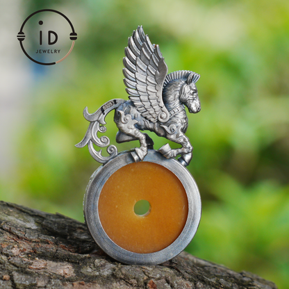 925 Silver Winged Horse Pendant with Yellow Jade and Chinese Calligraphy, Unique Chinese Design, Symbol of Freedom, Perfect Gift for Her