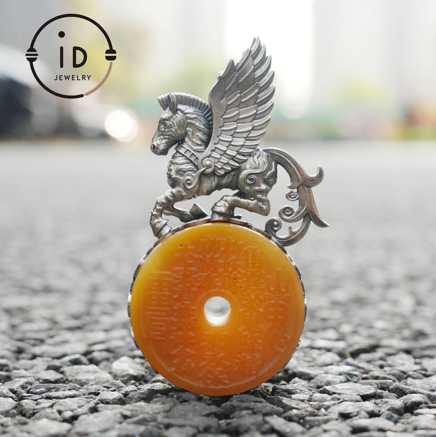 925 Silver Winged Horse Pendant with Yellow Jade and Chinese Calligraphy, Unique Chinese Design, Symbol of Freedom, Perfect Gift for Her