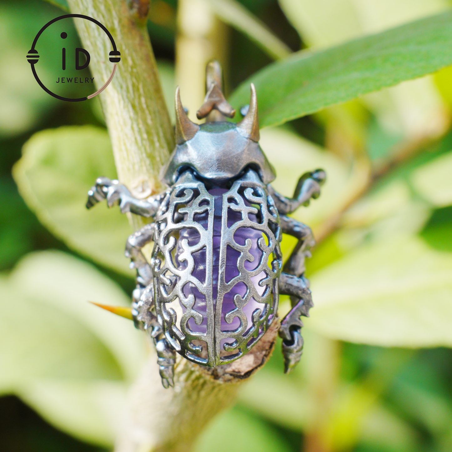 Gothic Amethyst Pendant with Movable Wings and Legs, Insect Jewelry in 925 Silver, Vintage Totem Necklace Gift for Her