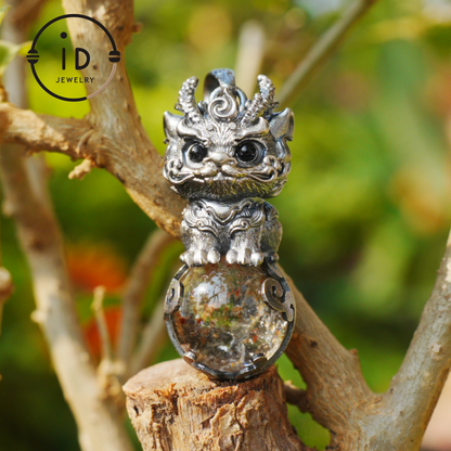 Totem Pendant with Phantom Quartz and Black Agate in 925 Silver, Handmade Fantasy Animal Jewelry in Gothic Vintage Style, Gift for Her