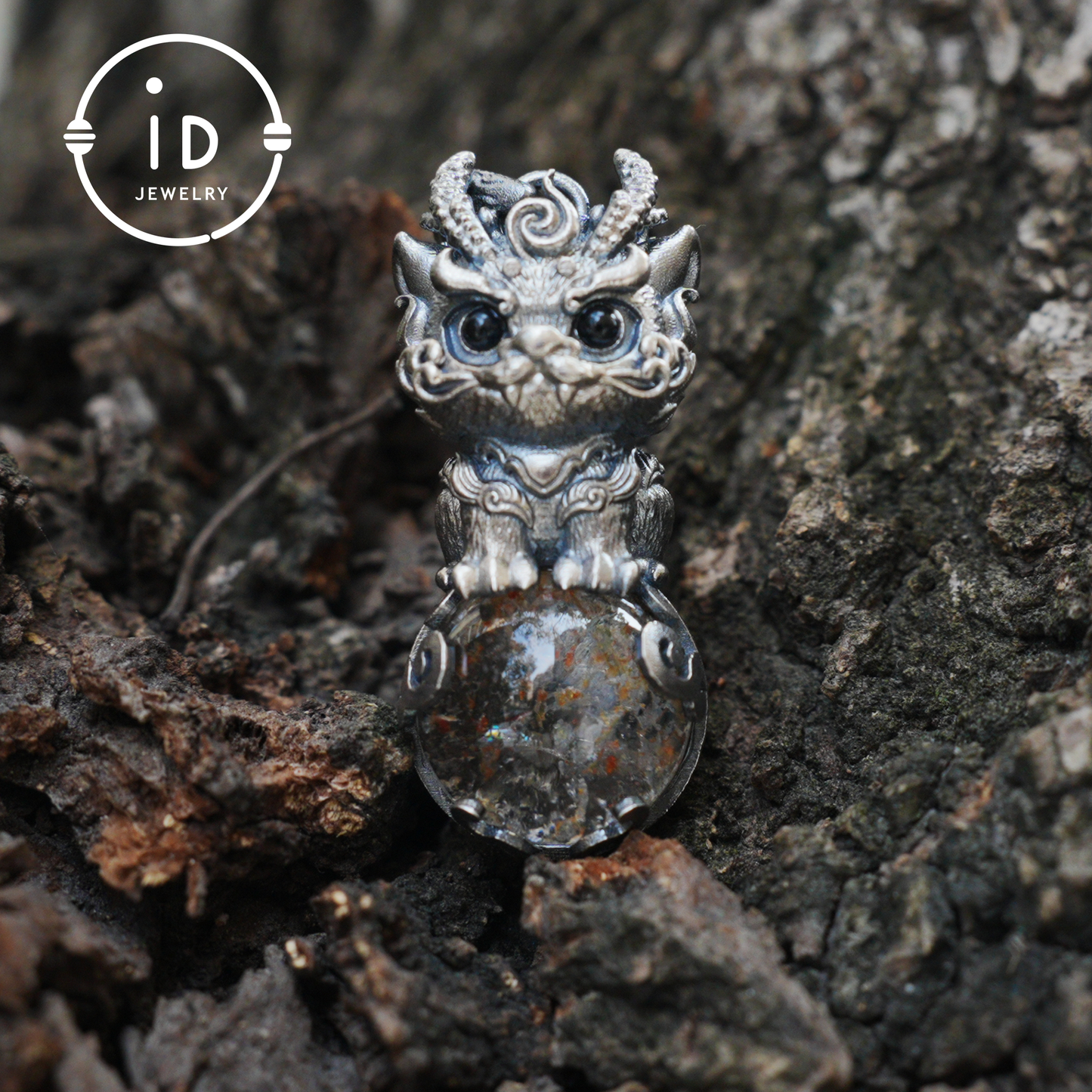 Totem Pendant with Phantom Quartz and Black Agate in 925 Silver, Handmade Fantasy Animal Jewelry in Gothic Vintage Style, Gift for Her