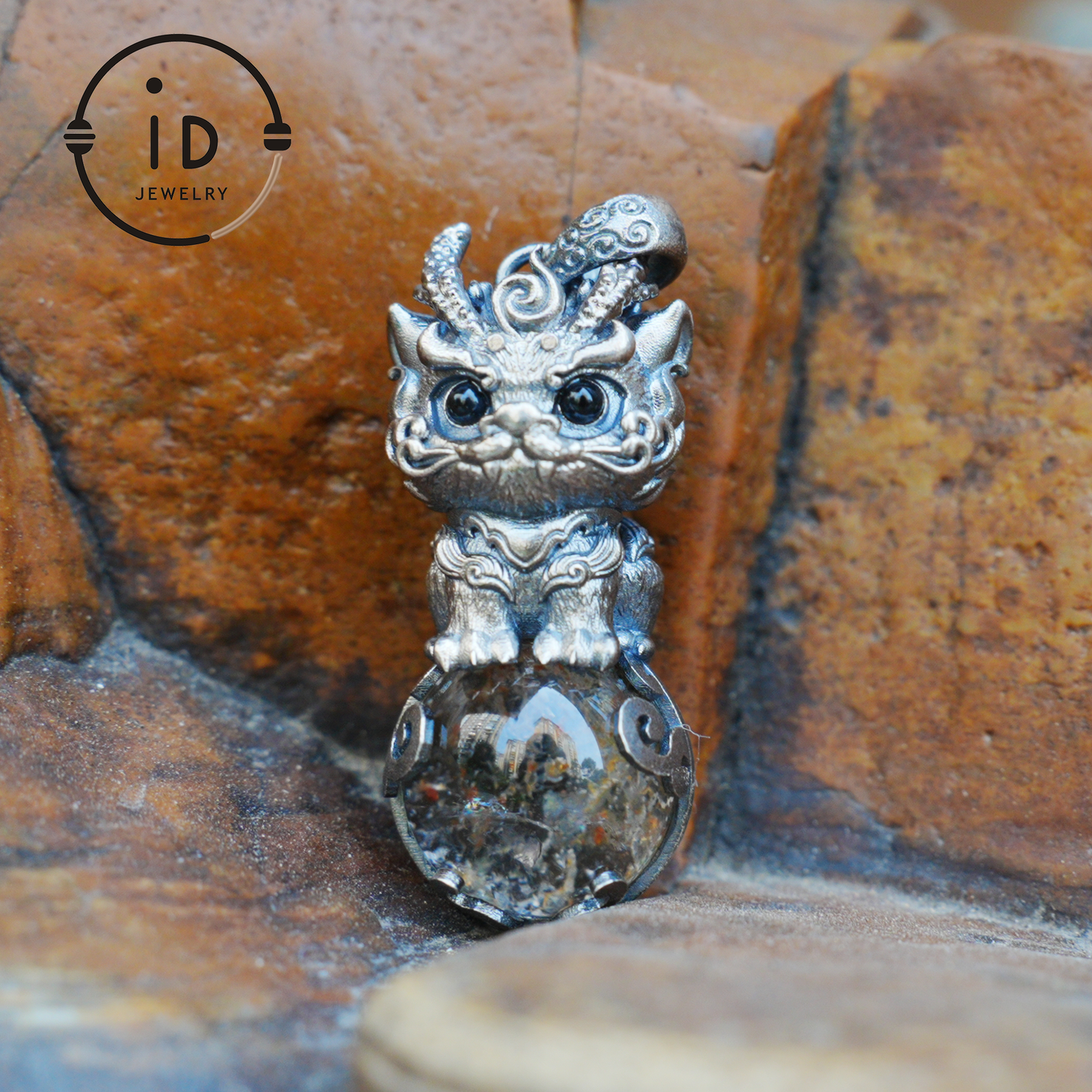 Totem Pendant with Phantom Quartz and Black Agate in 925 Silver, Handmade Fantasy Animal Jewelry in Gothic Vintage Style, Gift for Her