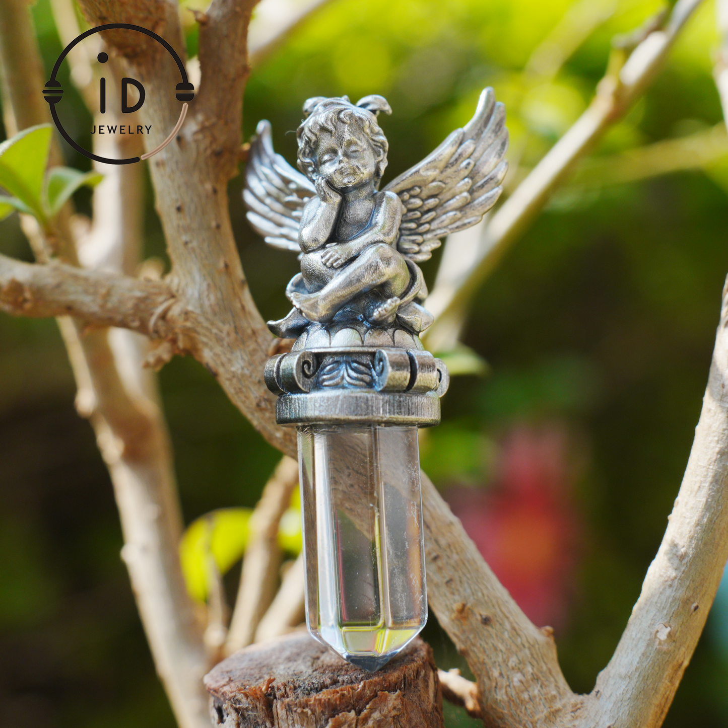 Gothic pendant with clear quartz crystal in 925 sterling silver, winged seated figure in vintage style, spiritual necklace gift for women