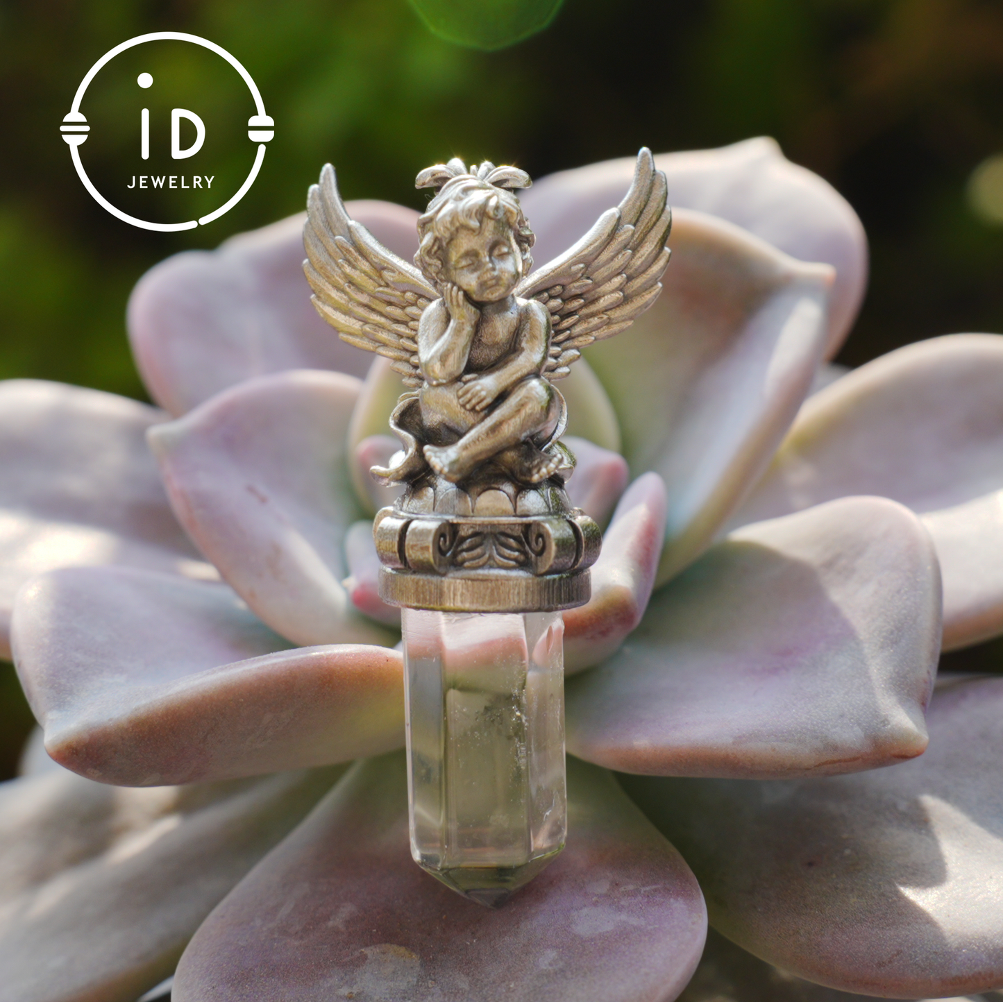 Gothic pendant with clear quartz crystal in 925 sterling silver, winged seated figure in vintage style, spiritual necklace gift for women