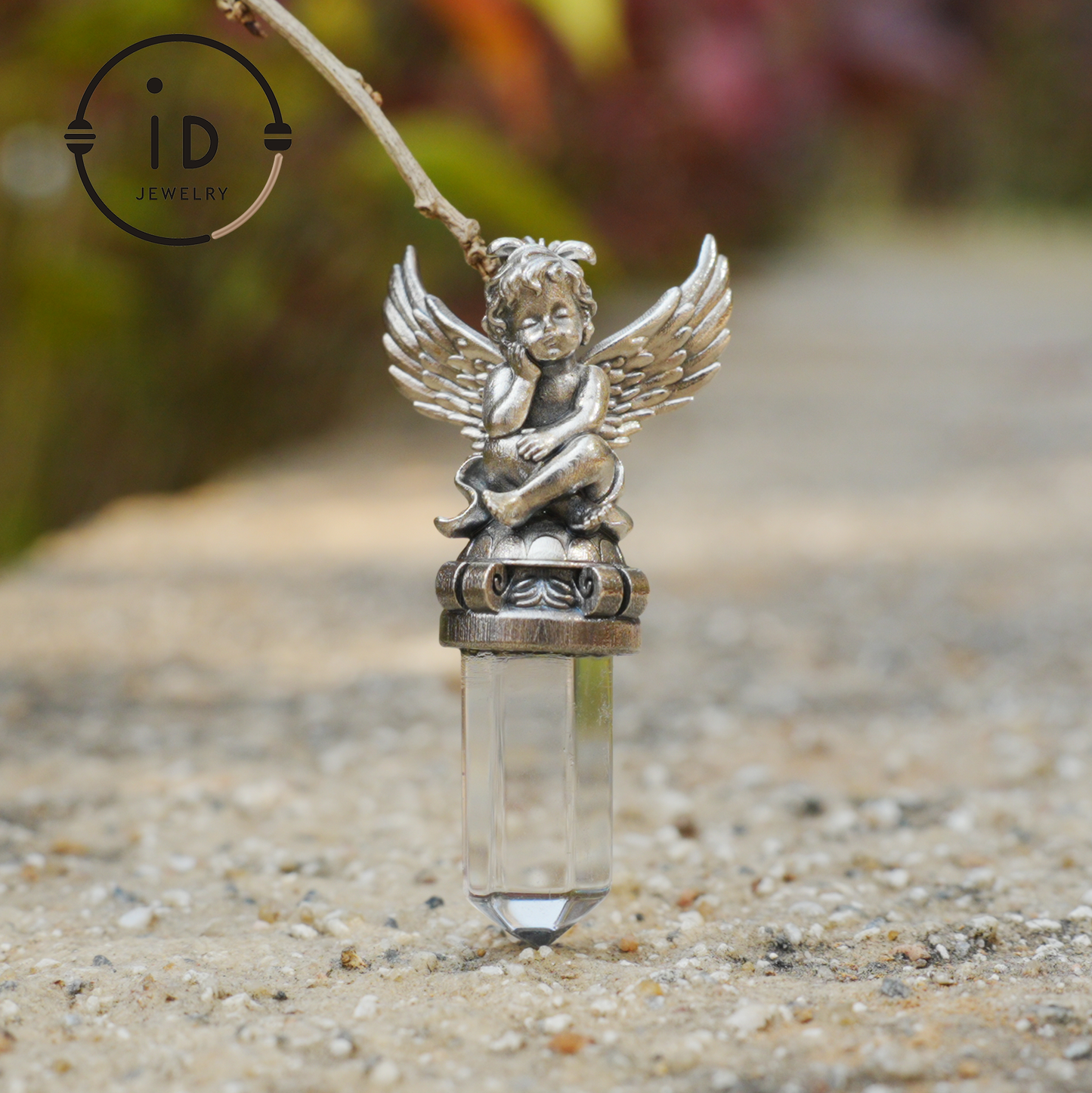 Gothic pendant with clear quartz crystal in 925 sterling silver, winged seated figure in vintage style, spiritual necklace gift for women