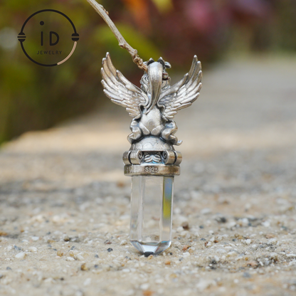 Gothic pendant with clear quartz crystal in 925 sterling silver, winged seated figure in vintage style, spiritual necklace gift for women