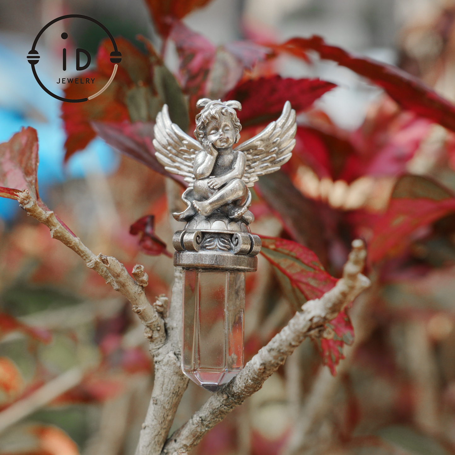 Gothic pendant with clear quartz crystal in 925 sterling silver, winged seated figure in vintage style, spiritual necklace gift for women