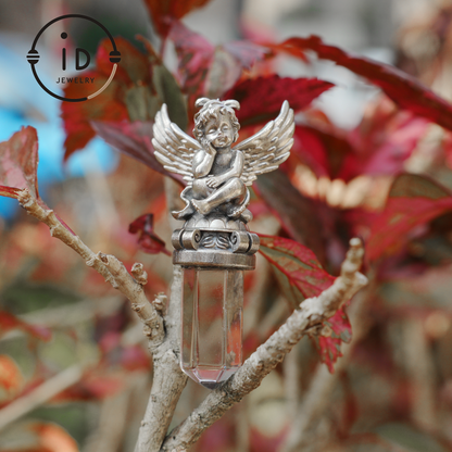 Gothic pendant with clear quartz crystal in 925 sterling silver, winged seated figure in vintage style, spiritual necklace gift for women