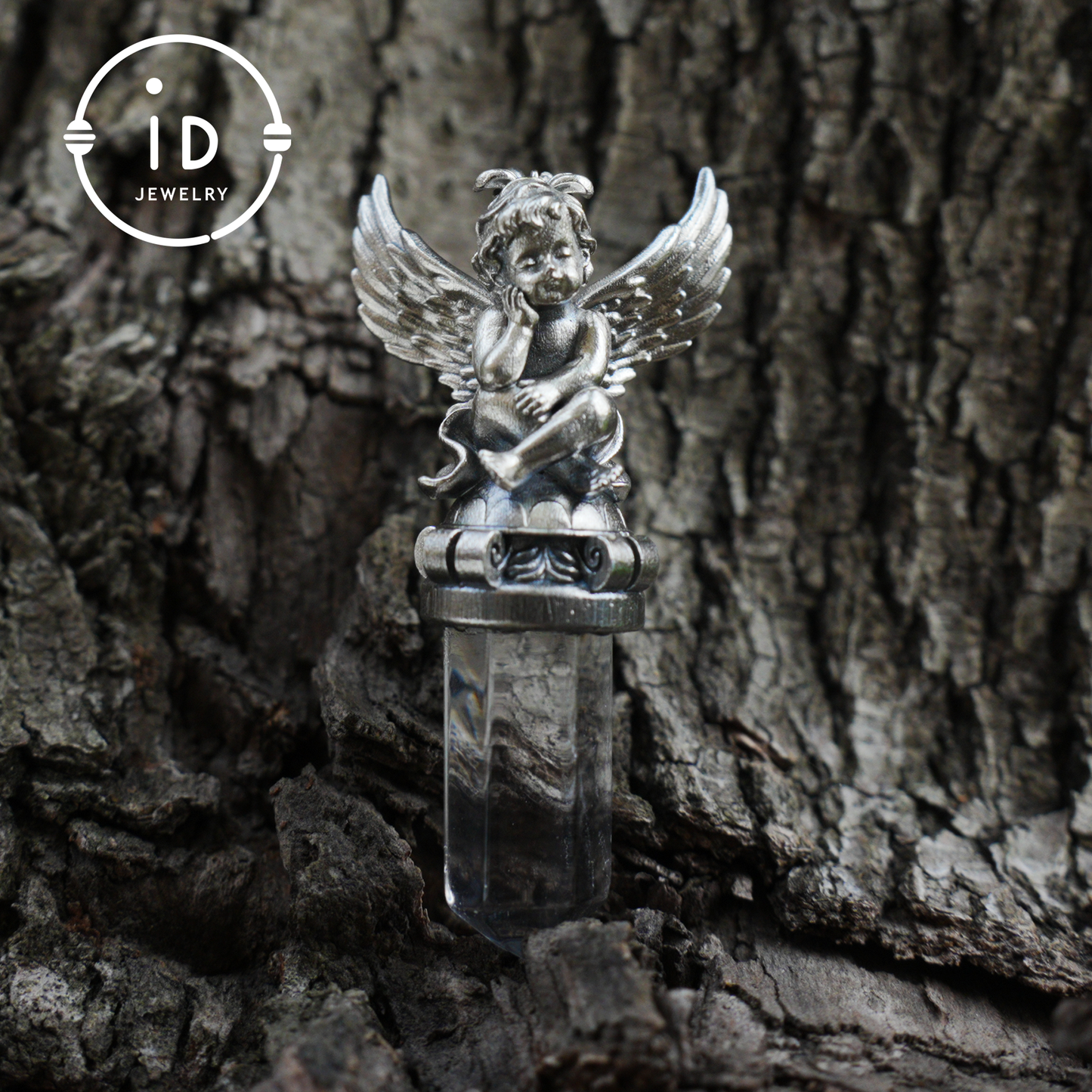 Gothic pendant with clear quartz crystal in 925 sterling silver, winged seated figure in vintage style, spiritual necklace gift for women