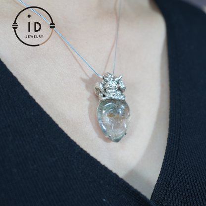 Fox Spirit Crystal Pendant - Handcrafted 925 Sterling Silver Jewelry with phantom quartz, Unique Fantasy Pendant, Perfect Gift for Special Occasions