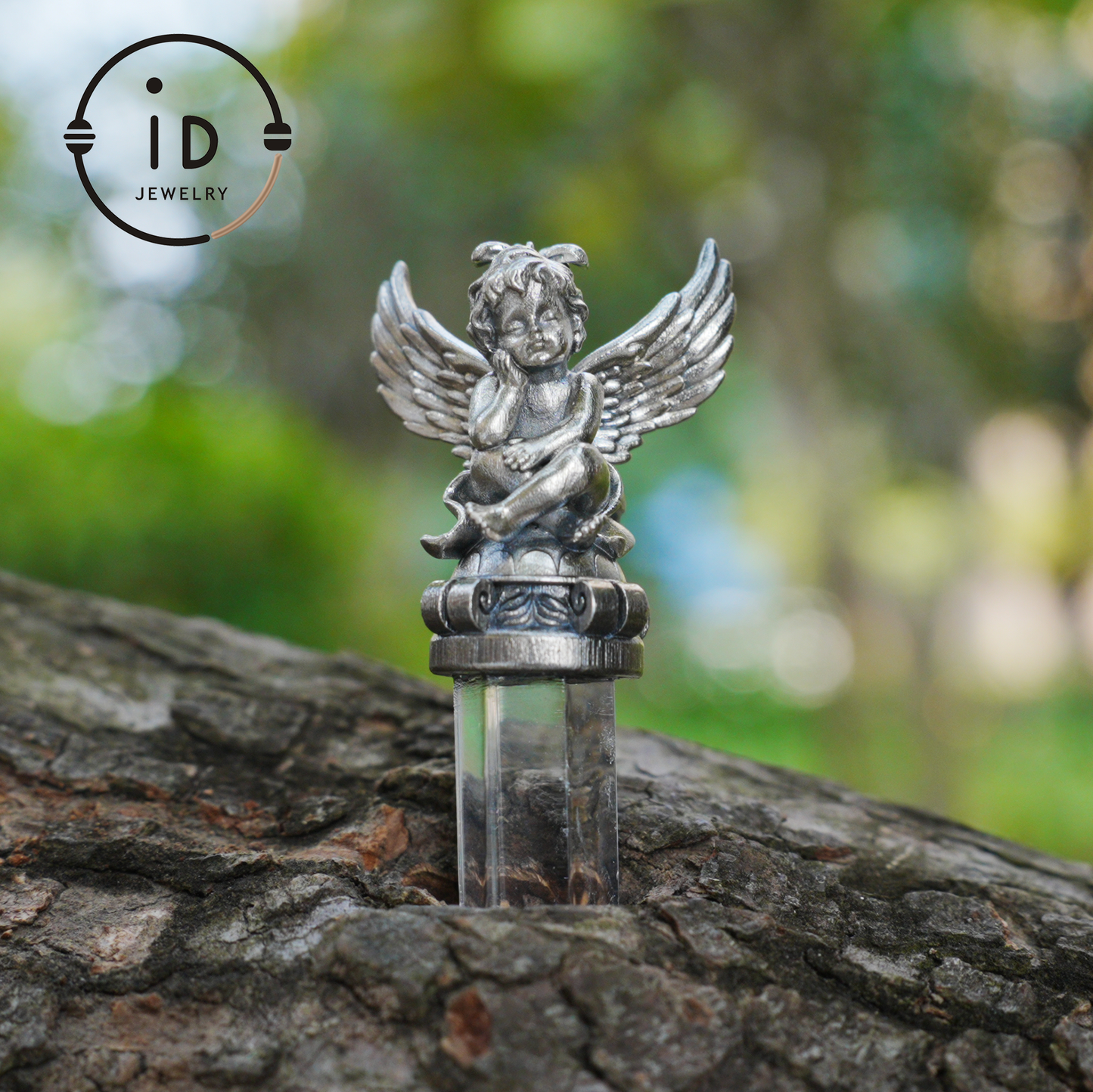 Gothic pendant with clear quartz crystal in 925 sterling silver, winged seated figure in vintage style, spiritual necklace gift for women
