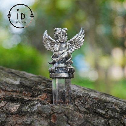 Gothic pendant with clear quartz crystal in 925 sterling silver, winged seated figure in vintage style, spiritual necklace gift for women