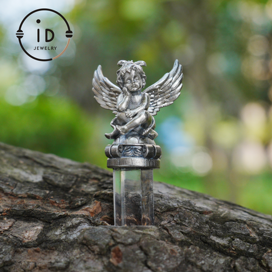 Gothic pendant with clear quartz crystal in 925 sterling silver, winged seated figure in vintage style, spiritual necklace gift for women