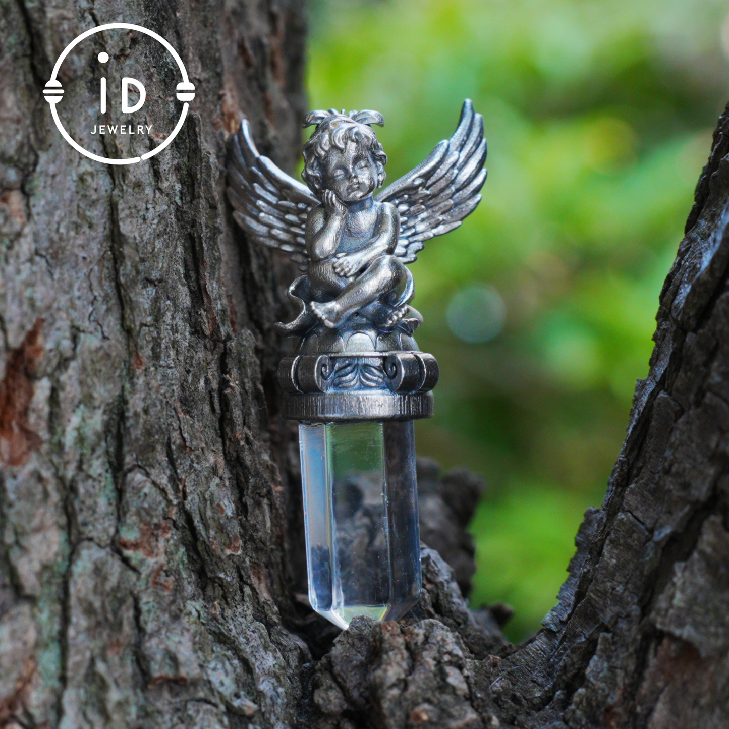 Gothic pendant with clear quartz crystal in 925 sterling silver, winged seated figure in vintage style, spiritual necklace gift for women