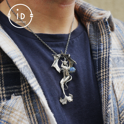 Silver Pendant with Ocean Blue Stone, Gothic Capricorn Necklace, Fantasy Jewelry for Women, Unique Gift Birthday Astrology