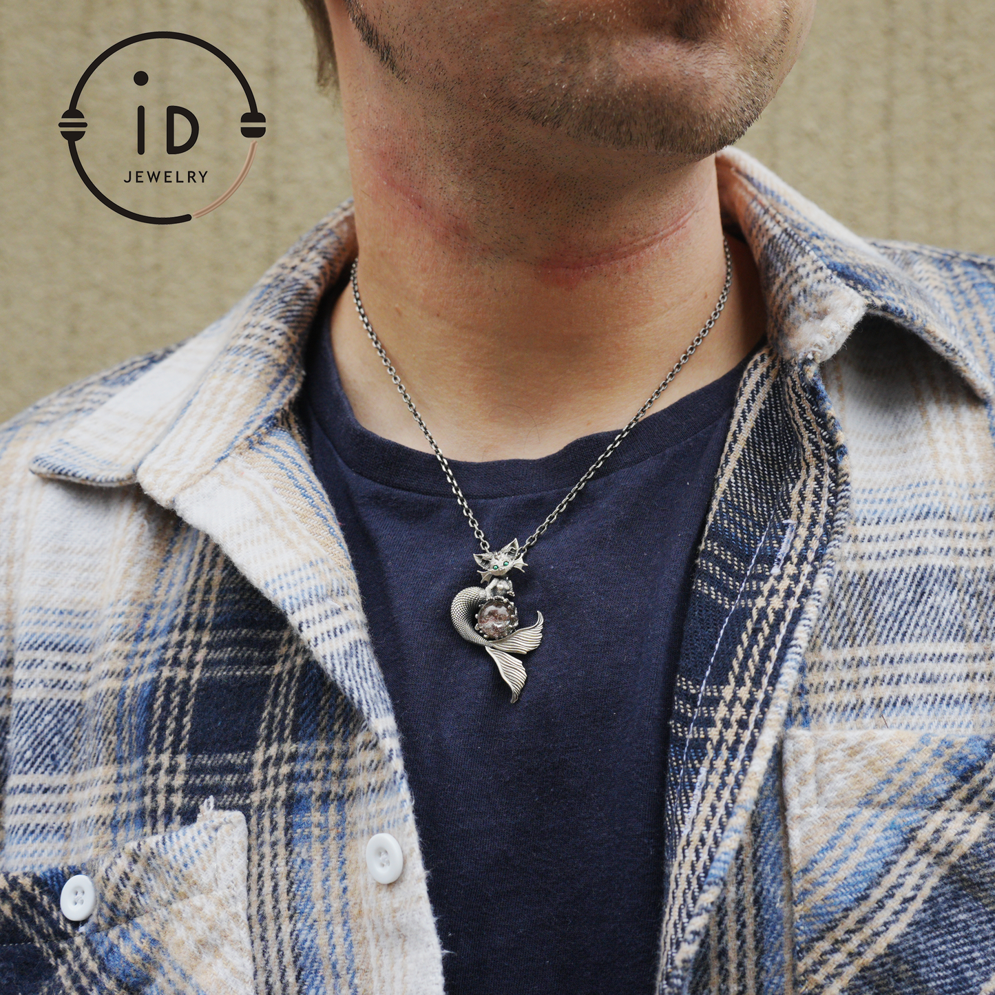 Mermaid Cat Pendant with Phantom Quartz in Oxidized 925 Silver, Fantasy Vintage Jewelry Gift for Her, Mystical Animal Necklace