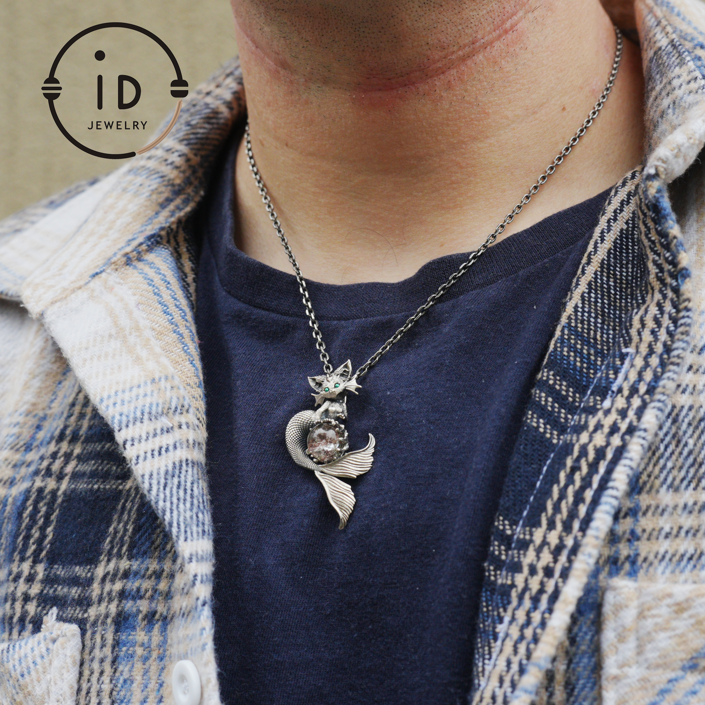 Mermaid Cat Pendant with Phantom Quartz in Oxidized 925 Silver, Fantasy Vintage Jewelry Gift for Her, Mystical Animal Necklace