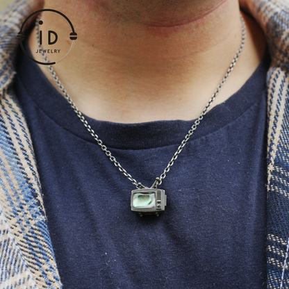Abalone Shell Pendant Necklace in 925 Sterling Silver, Vintage TV Design, Oxidized Talisman Jewelry for Everyday Retro Gift for Her or Him