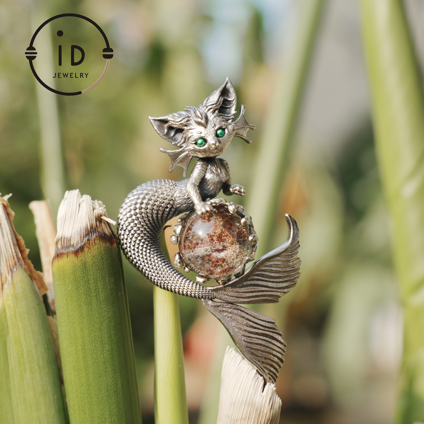 Mermaid Cat Pendant with Phantom Quartz in Oxidized 925 Silver, Fantasy Vintage Jewelry Gift for Her, Mystical Animal Necklace