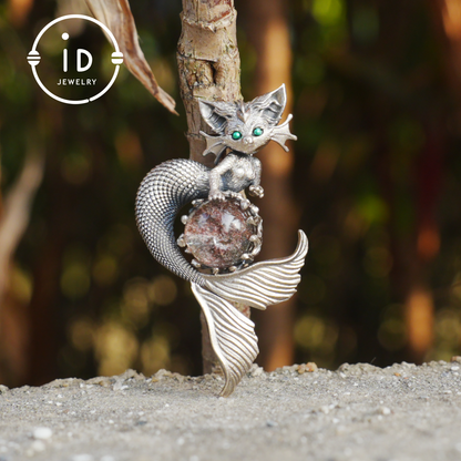 Mermaid Cat Pendant with Phantom Quartz in Oxidized 925 Silver, Fantasy Vintage Jewelry Gift for Her, Mystical Animal Necklace