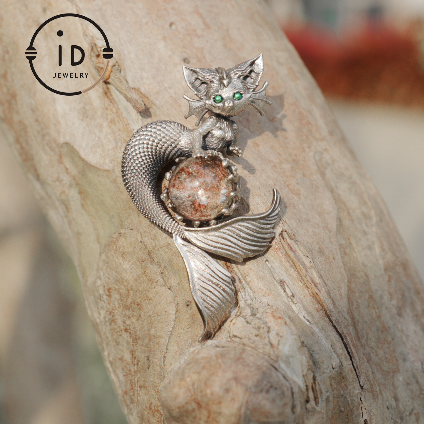 Mermaid Cat Pendant with Phantom Quartz in Oxidized 925 Silver, Fantasy Vintage Jewelry Gift for Her, Mystical Animal Necklace