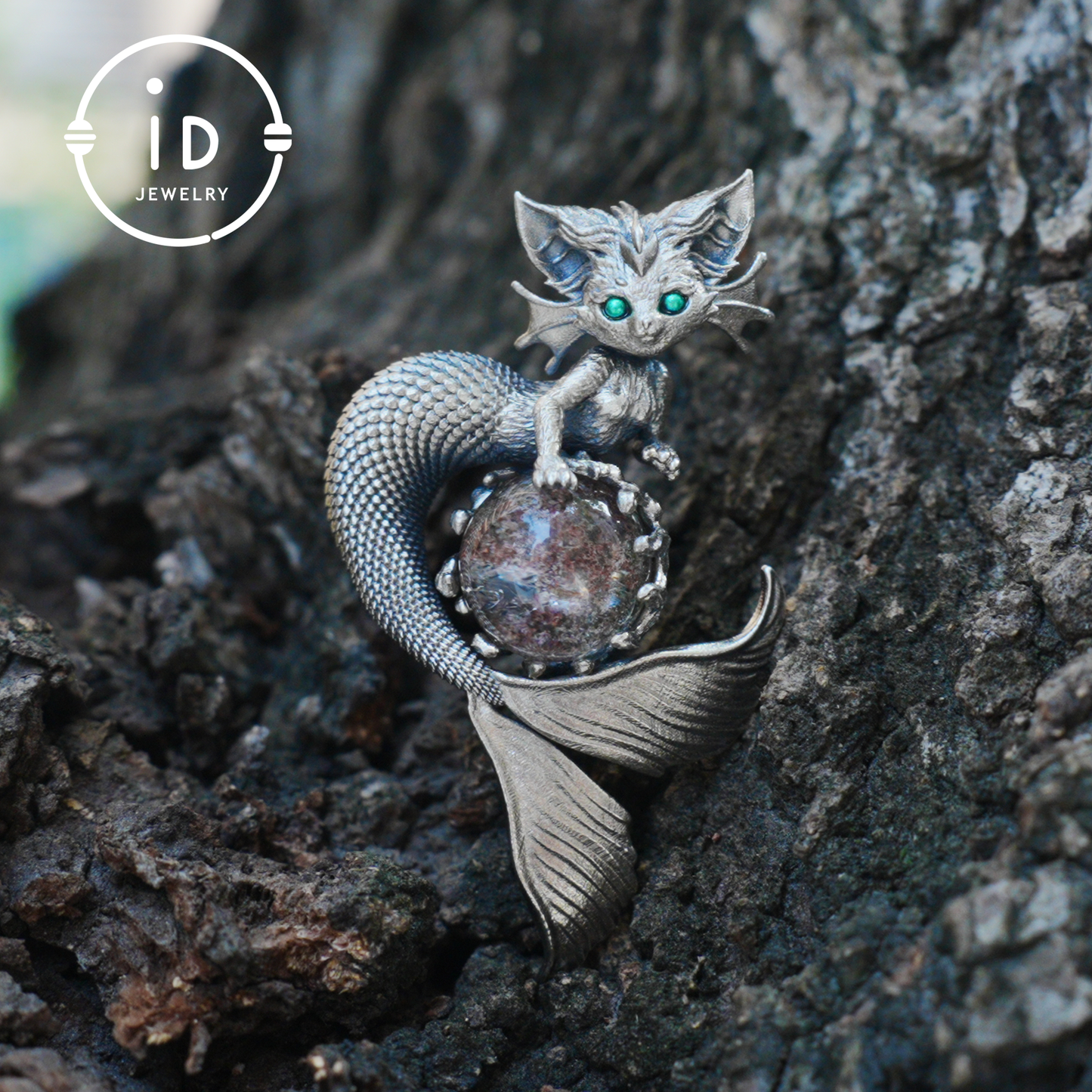 Mermaid Cat Pendant with Phantom Quartz in Oxidized 925 Silver, Fantasy Vintage Jewelry Gift for Her, Mystical Animal Necklace